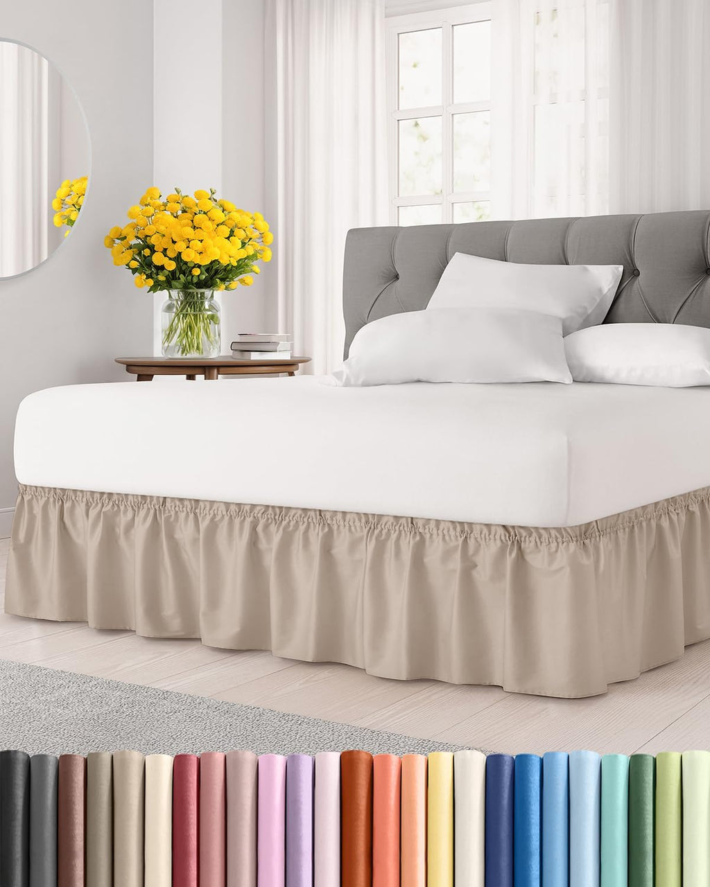 Falda de cama envolvente con volantes - Trigo - para camas tamaño king con caída de 30 cm - Correa elástica de fácil ajuste - Falda de cama plisada ajustable con tela cepillada - No se arruga - para mujeres, hombres, niños y adolescentes