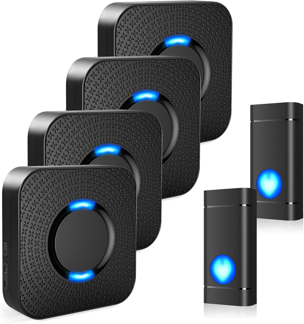 Timbre Inalámbrico PHYSEN Impermeable Campanilla Puerta con LED Estrobo 58 Melodías Ajustables 5 Niveles Volumen Alcance 396m 2 Botones + 4 Receptáculos Enchufe