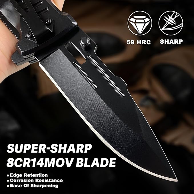 NO INCLUYE EL ESTUCHE – MADSABRE Navaja de bolsillo negra con clip, cuchillo de trabajo de 9.6 pulgadas, cuchillos plegables EDC con cortador de cinturón de seguridad y rompecristales, cuchillo plegable para supervivencia, campamento, senderismo