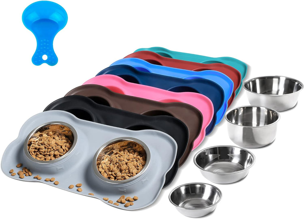 Comederos para perros Hubulk Pet, 2 comederos de acero inoxidable con alfombrilla de silicona antideslizante antiderrame + cuchara para comida. Comederos para perros pequeños, medianos y grandes, gatos y cachorros (mediano, gris).