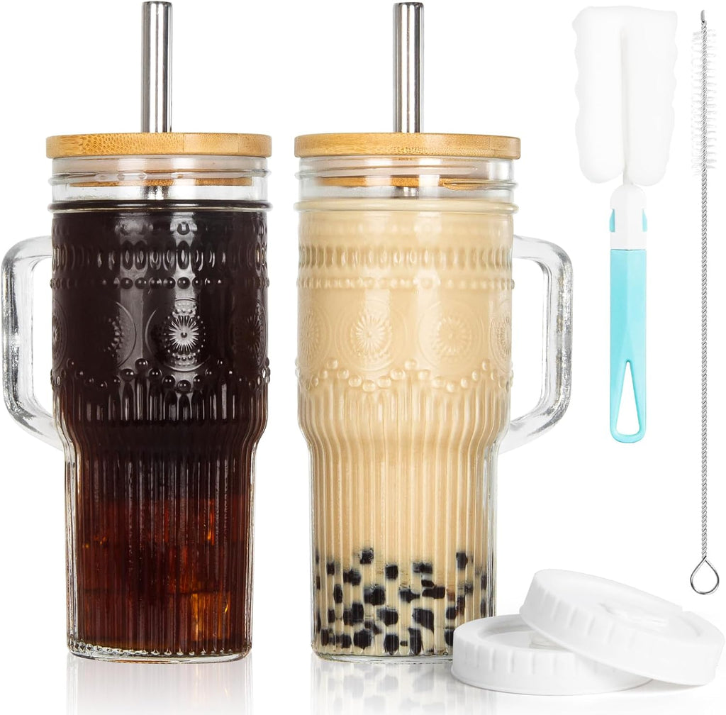 JunVpic Set de 2 Vasos de Vidrio con Tapa de Bambú y Pajilla | 24oz con Asa | Pajillas de Acero Inoxidable y Cepillos | Diseño Boho para Café y Té