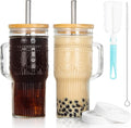 JunVpic Set de 2 Vasos de Vidrio con Tapa de Bambú y Pajilla | 24oz con Asa | Pajillas de Acero Inoxidable y Cepillos | Diseño Boho para Café y Té