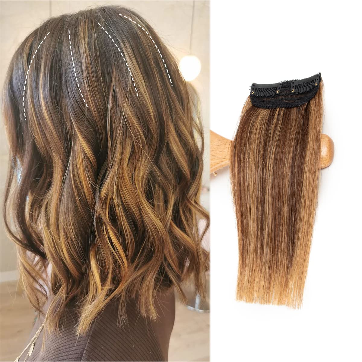 Extensiones de Cabello Humano Remy FEIPRO con Clip 8" – Doble Trama, Una Pieza, Color #P4/27 Marrón Medio/Rubio Oscuro