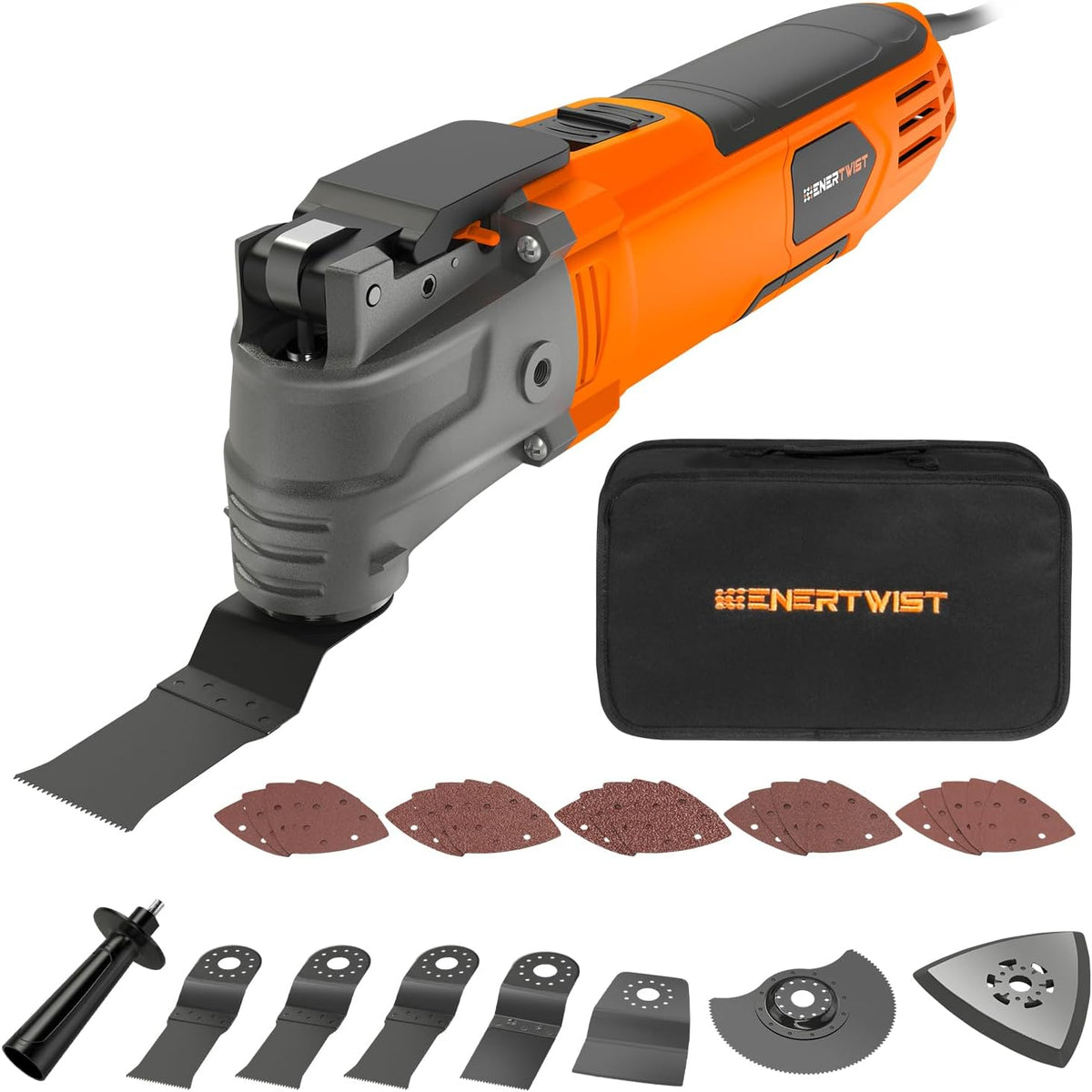 Herramienta oscilante ENERTWIST, kit multiherramienta oscilante de 4,2 amperios con ángulo de oscilación de 5°, 6 velocidades variables, 31 accesorios de sierra, mango auxiliar y bolsa de transporte, ET-OM-500