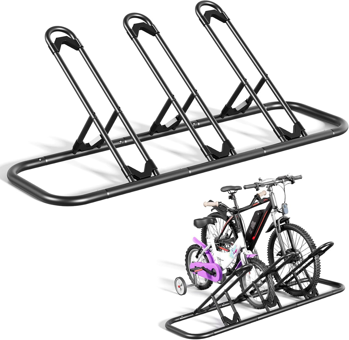 Soporte para bicicletas Mr IRONSTONE, soporte de suelo para garaje, soporte de aparcamiento para interiores y exteriores, apto para bicicletas de montaña, de carretera e infantiles (negro, 3 ranuras)