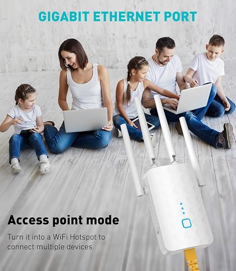 Extensor WiFi de 1.2 Gbps, amplificador de señal WiFi para el hogar | Banda dual 5 GHz y 2.4 GHz, cobertura más rápida y amplia que nunca, amplificador de Internet repetidor WiFi con puerto Ethernet, compatible con Alexa/Fire TV