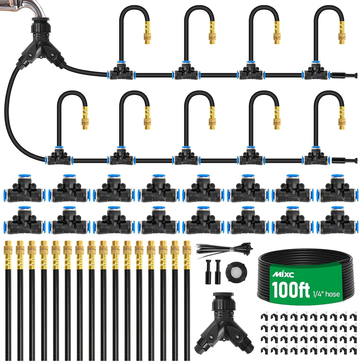 Sistema de riego por goteo MIXC de 1/4" y 100 pies para jardín con 16 boquillas de latón ajustables a 360° y varilla flexible, kit de sistema de riego mejorado para plantas de exterior, césped, bancales elevados, macetas, patios e invernaderos.