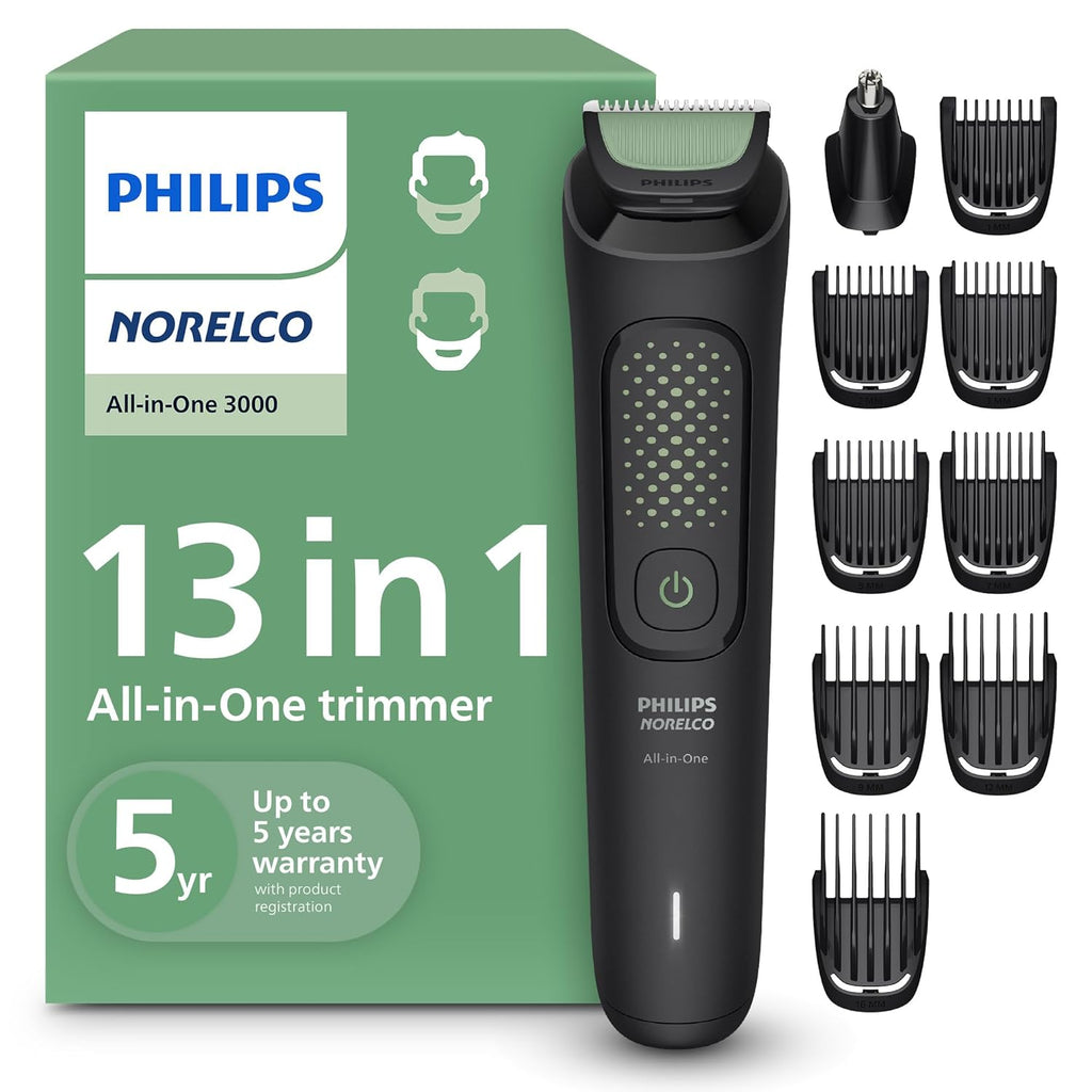 Philips Norelco All-in-One Serie 3000 13 en 1: recortadora, moldeadora de barba y cortapelos para hombre, 9 ajustes de longitud y cuchillas autoafilables respetuosas con la piel, MG3919/50