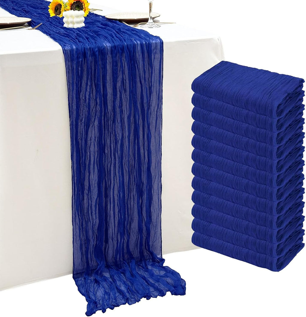 Pack de 12 Caminos de Mesa de Gasa Azul Rey de 10 pies | Camino de Mesa Boho de Cheesecloth Largo para Bodas, Baby Shower, Accion de Gracias y Navidad