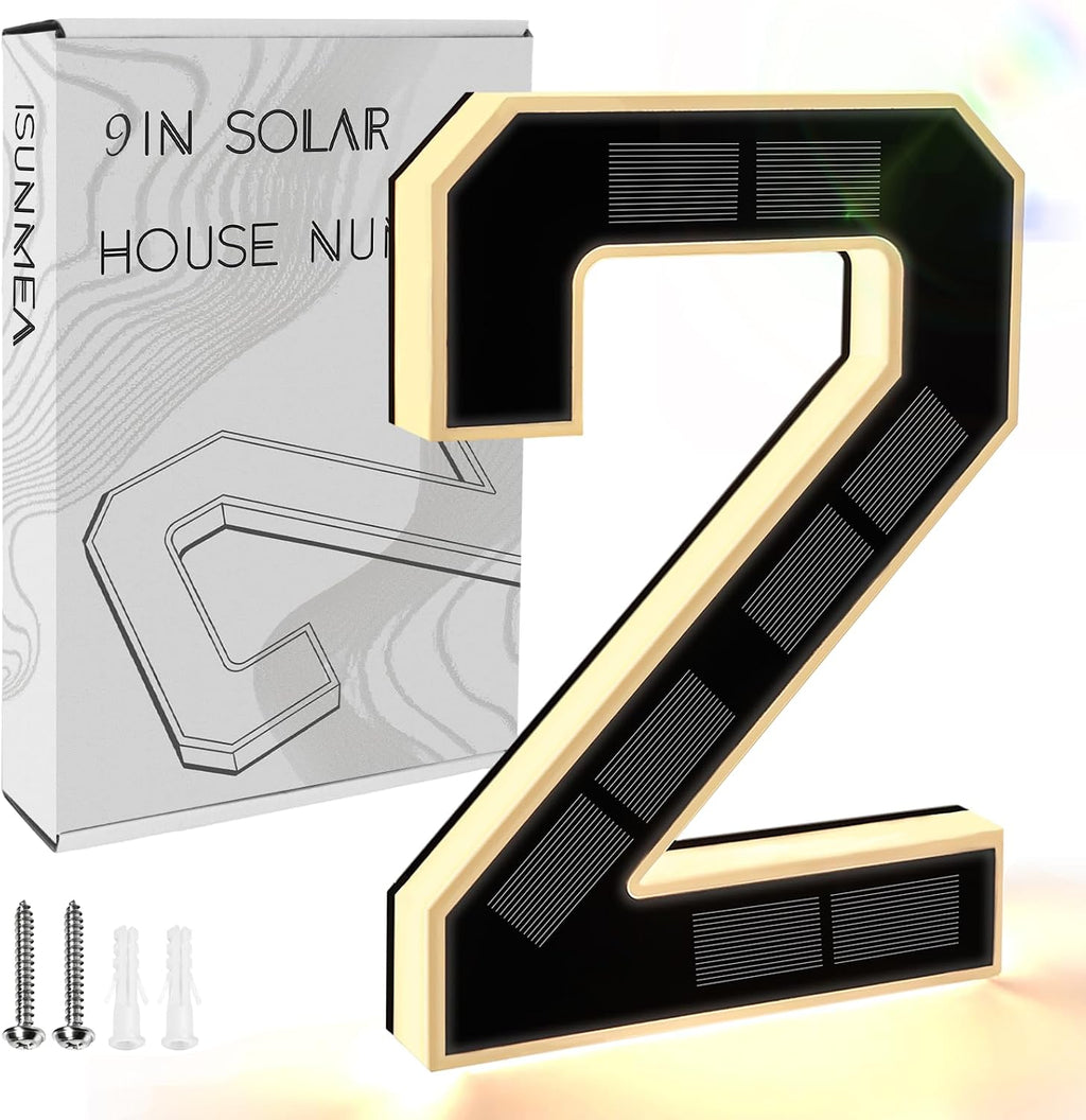 Números de casa iluminados con energía solar ISUNMEA de 9 pulgadas para exteriores, letreros LED impermeables con números de dirección para casas, números de casa modernos, grandes y personalizados para exteriores (2 unidades negras, 9 pulgadas).