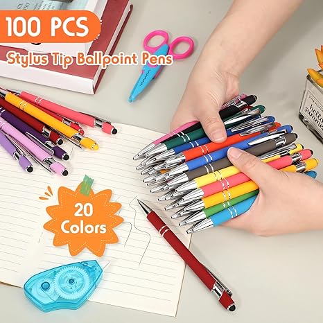 eaqee 100 bolígrafos con punta de lápiz capacitivo, tinta negra 2 en 1, punta media de 0.039 pulgadas (0.039 in) para tableta de pantalla táctil (colores surtidos)