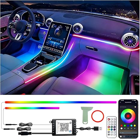 RGB-IC - Tira de luces LED para automóvil, luces interiores de coche, aplicación y control remoto, kit de iluminación ambiental con 16 millones de colores, fibra óptica y ritmo de sincronización