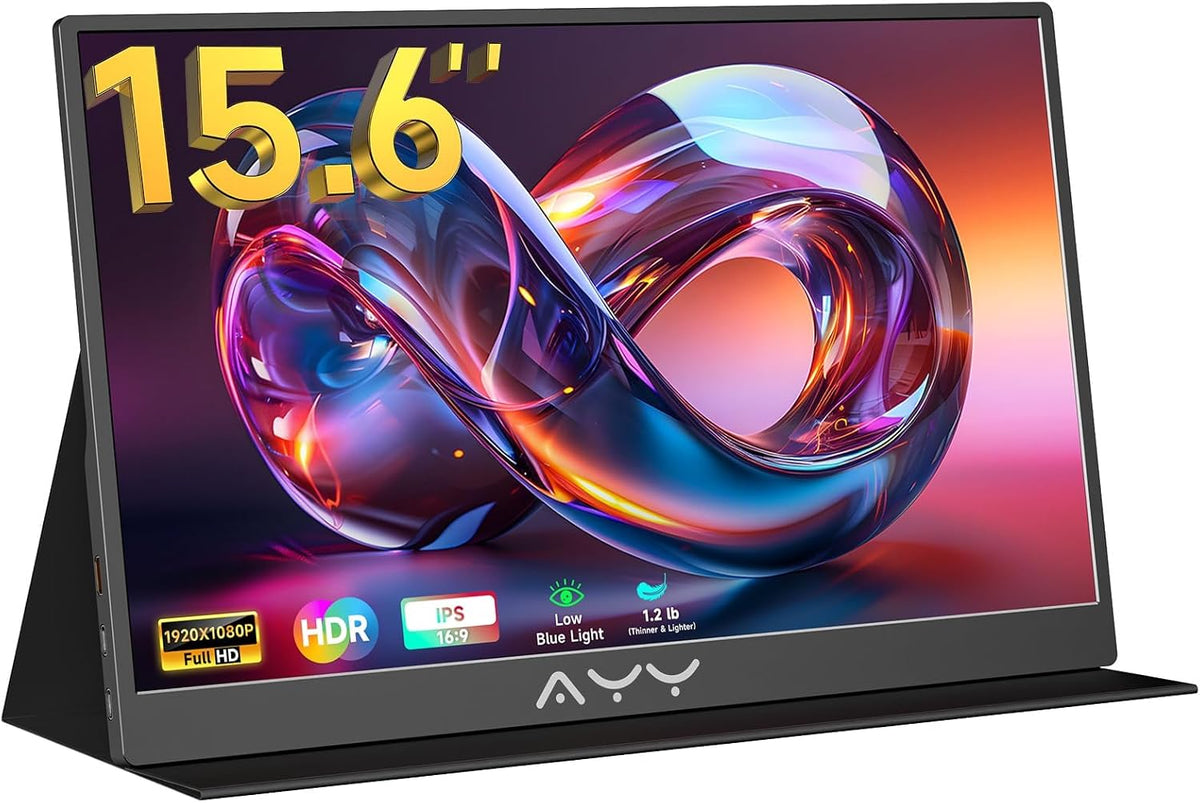 Monitor portátil AYY de 15,6 pulgadas, 1080p FHD, USB-C, HDMI, pantalla externa para portátil, teléfono, MAC, PS5, Switch, Xbox, ultradelgado, 100% sRGB, segunda pantalla portátil con altavoces duales y cubierta inteligente, IPS, negro.