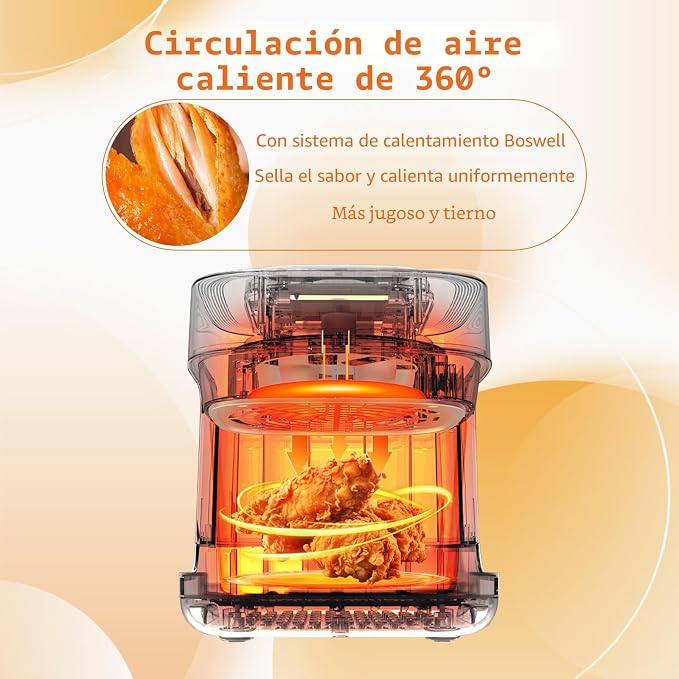 Freidora de aire de vidrio BOSWELL, 7.5 cuartos con tazón transparente, calefacción circulante, control de temperatura