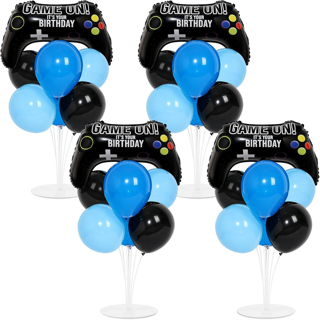 Kit de 4 Soportes con Globos Foil para Fiesta de Videojuegos – Diseño Mando de Juego, Negro y Azul | Centerpiece para Cumpleaños Gamer, Niño y Niña