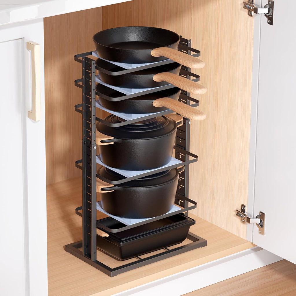 LAMU Organizador de Ollas y Sartenes bajo Gabinete | 6 Niveles Ajustable de 14 a 24.57 pulgadas | Rack Resistente para Cocina, Soporta hasta 12 pulgadas