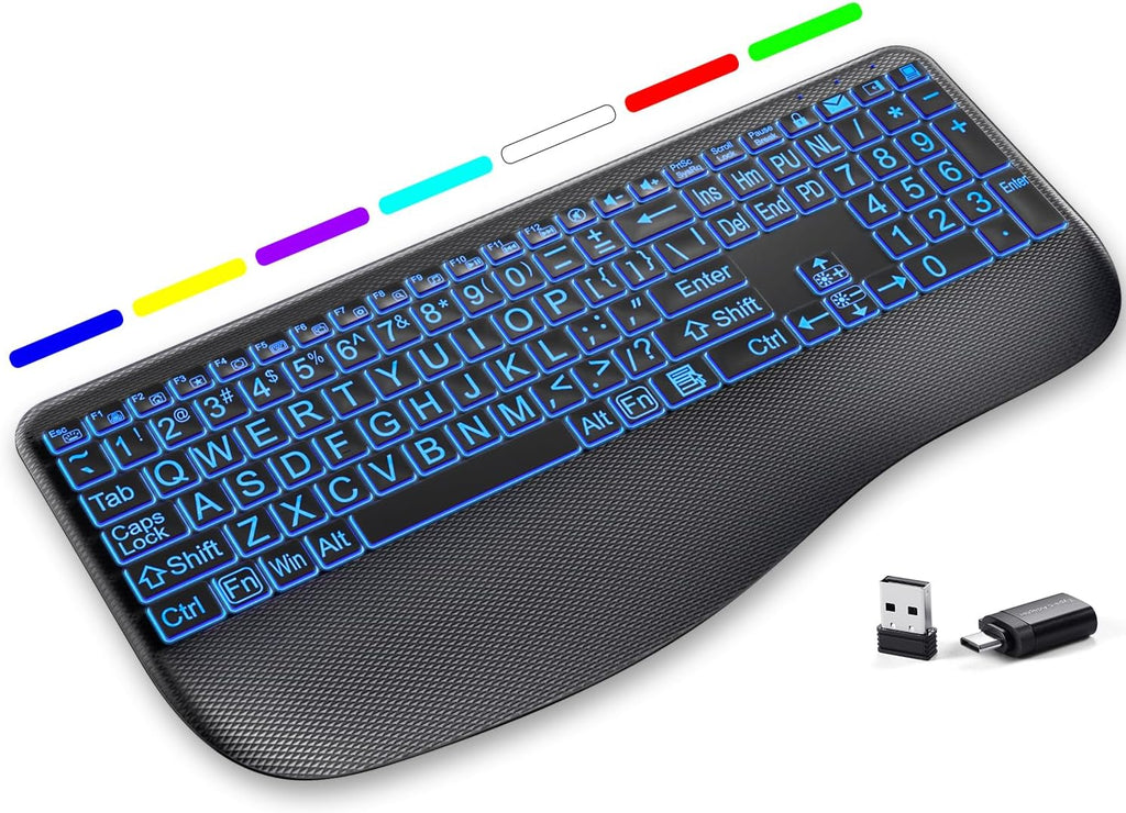 Large Print Backlit Wireless Keyboard – Silent Keyboards with Wrist Rest, 7-Color Light up, Quiet Low Profile Keys, 2.4G Wireless Rechargeable Full Size Keypad for Computer Laptop Windows, Black