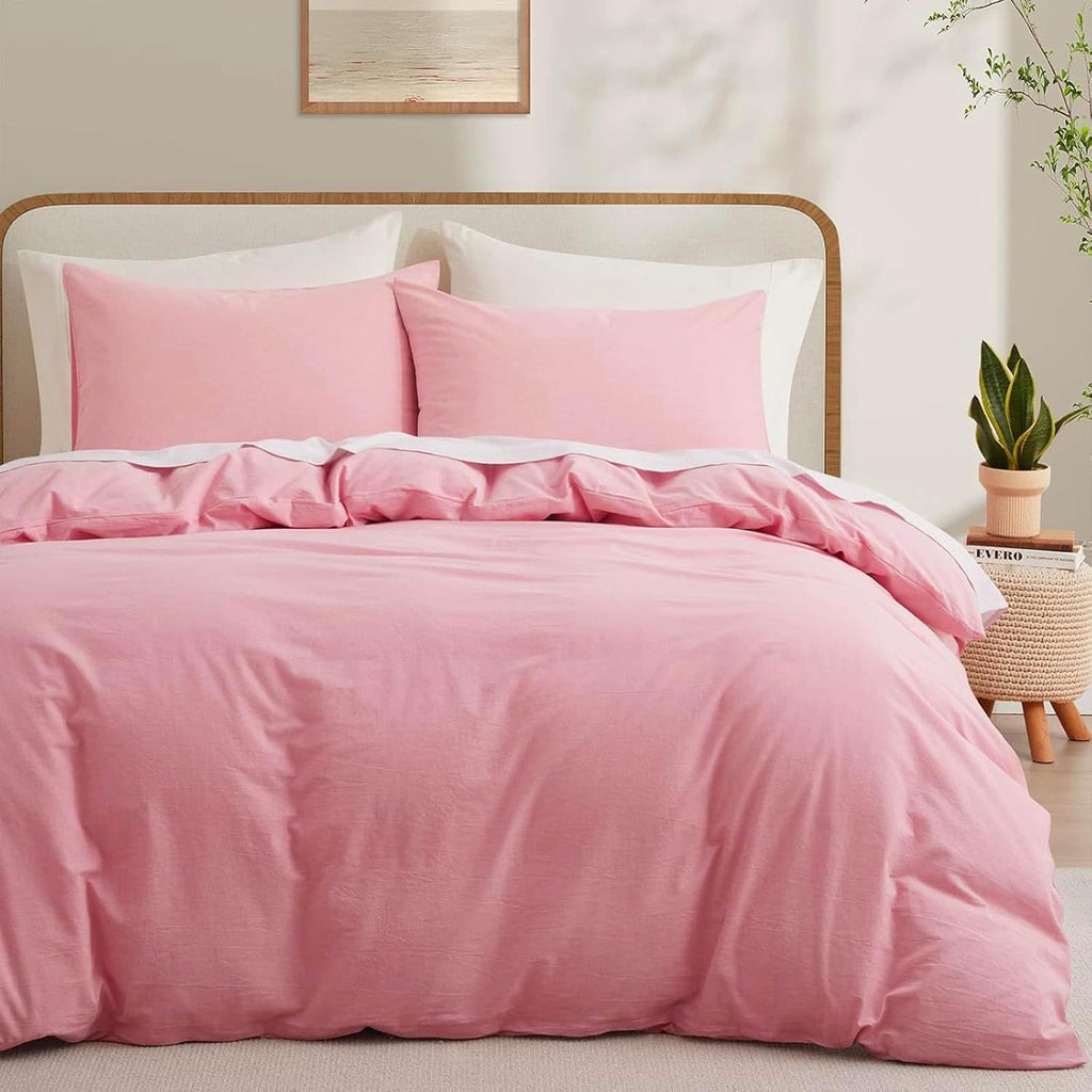 LOVQUE Pink Cotton Duvet Cover Queen Size, Linen Like Natural Bedding Set with Zipper Closure (No Comforter), 90x90 Inches