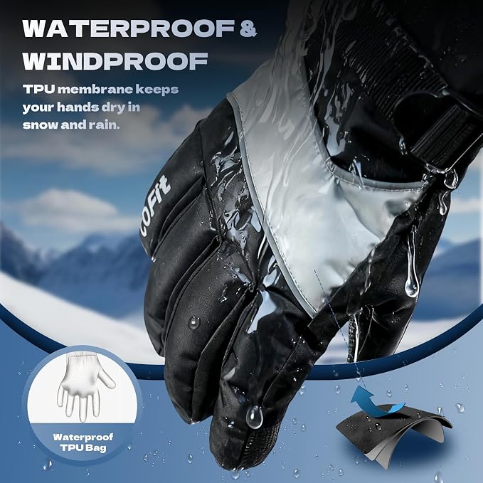 COFIT Guantes de esquí para hombres y mujeres, 3M Thinsulate C100, guantes de invierno aislados, impermeables, resistentes al viento, guantes de nieve para pantalla táctil, para esquí, snowboard