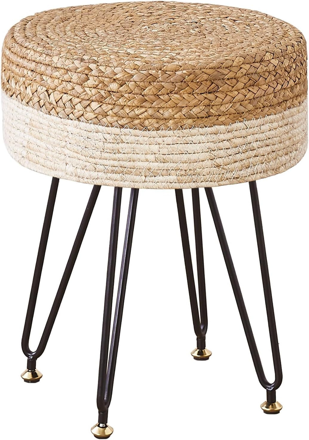 Wimarsbon Ottoman Pouf Handmade Natural Water Hyacinth,Round Footrest with 4 Metal Legs,Vanity Stool for Bedroom,Hallway,Living Room (Natural Water Hyacinth+White Corn Husk)