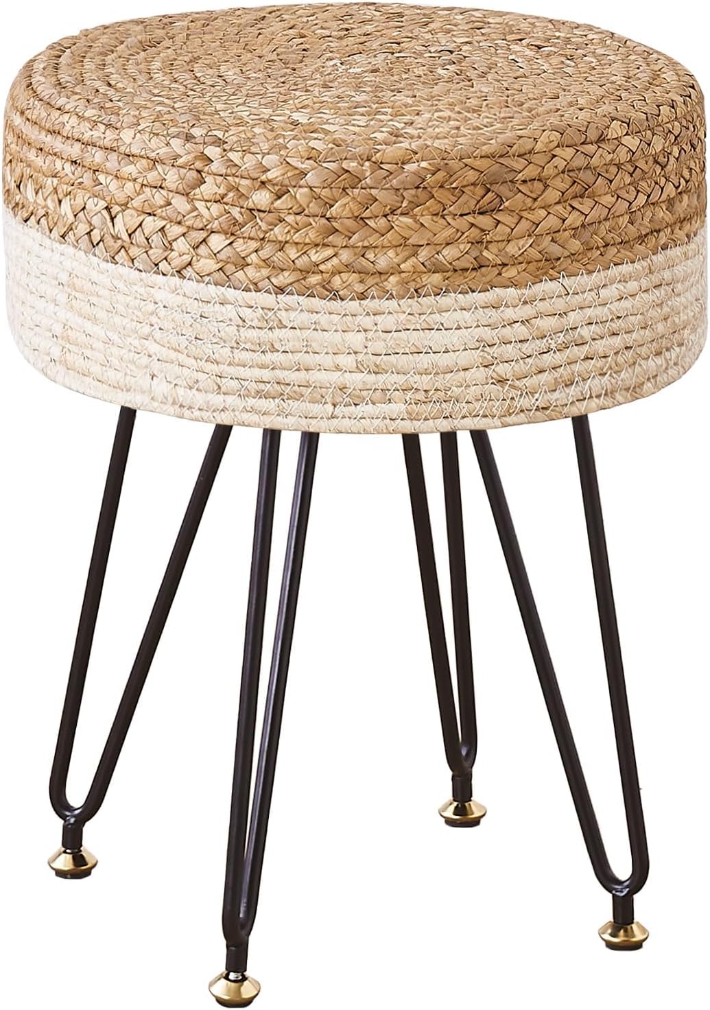 Wimarsbon Ottoman Pouf Handmade Natural Water Hyacinth,Round Footrest with 4 Metal Legs,Vanity Stool for Bedroom,Hallway,Living Room (Natural Water Hyacinth+White Corn Husk)