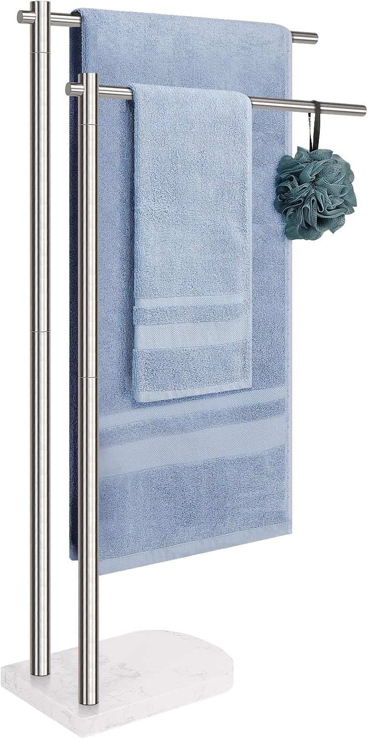 Toallero de pie, soporte de toalla de acero inoxidable 304 de 2 niveles con base de mármol, moderno y elegante toallero alto para toallas de ducha para accesorios de baño, piscina (níquel