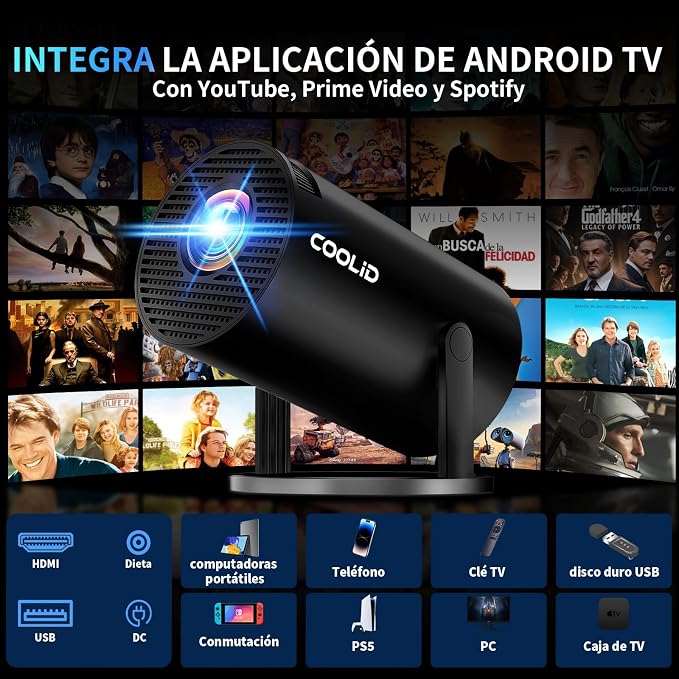 Mini Proyector Portátil 4K 1080P — WiFi 6, Bluetooth 5.4, Corrección Automática, Rotación 180°, Apps Integradas, Color Negro