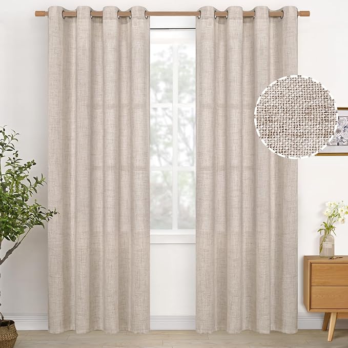 YoungsTex Cortinas de lino de 80 pulgadas de largo, 2 paneles para sala de estar, cortinas semitransparentes con ojales de bronce para filtrar la luz para sala de estar, dormitorio, casa de campo .