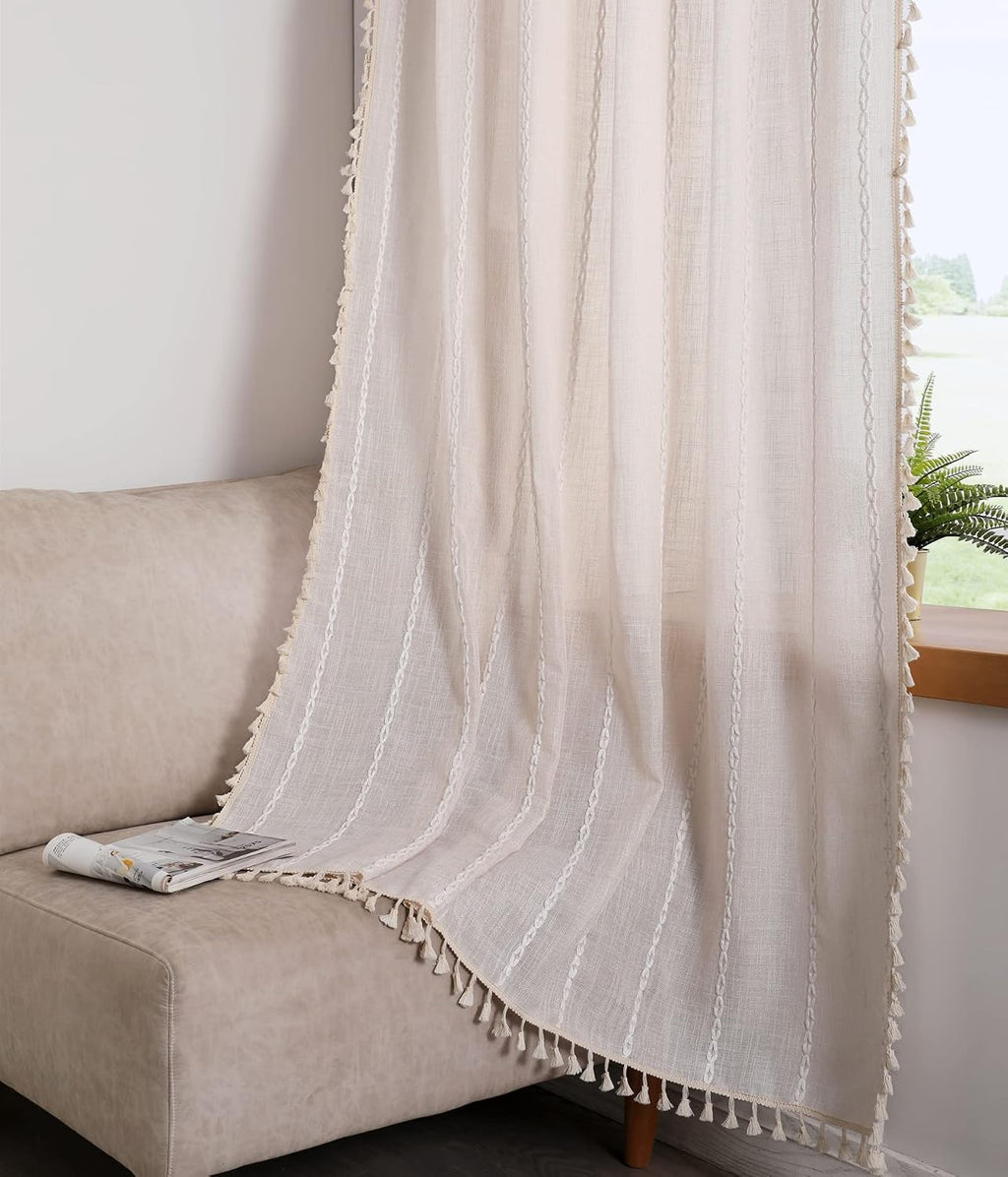 1 PANEL-Cortinas RoomTalks Boho Beige para dormitorio y sala de estar, 84 pulgadas de largo, estilo campestre francés moderno, paneles de cortina de algodón para ventana, bordados, rayas, estilo bohemio, borlas, 84L x 52W
