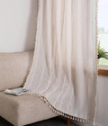 1 PANEL-Cortinas RoomTalks Boho Beige para dormitorio y sala de estar, 84 pulgadas de largo, estilo campestre francés moderno, paneles de cortina de algodón para ventana, bordados, rayas, estilo bohemio, borlas, 84L x 52W