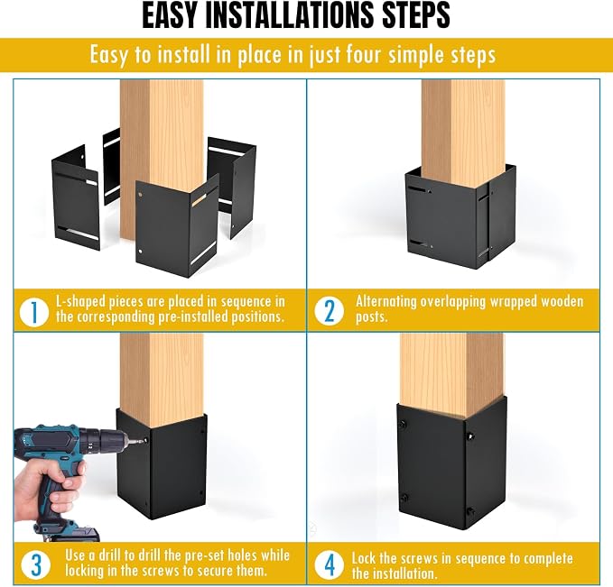Protector de poste ajustable de acero inoxidable (rango de 3.3-6 pulgadas), protege la cubierta, buzones de madera y vallas de daños de la lluvia y cortadora de césped (negro, juego de 4 unidades)