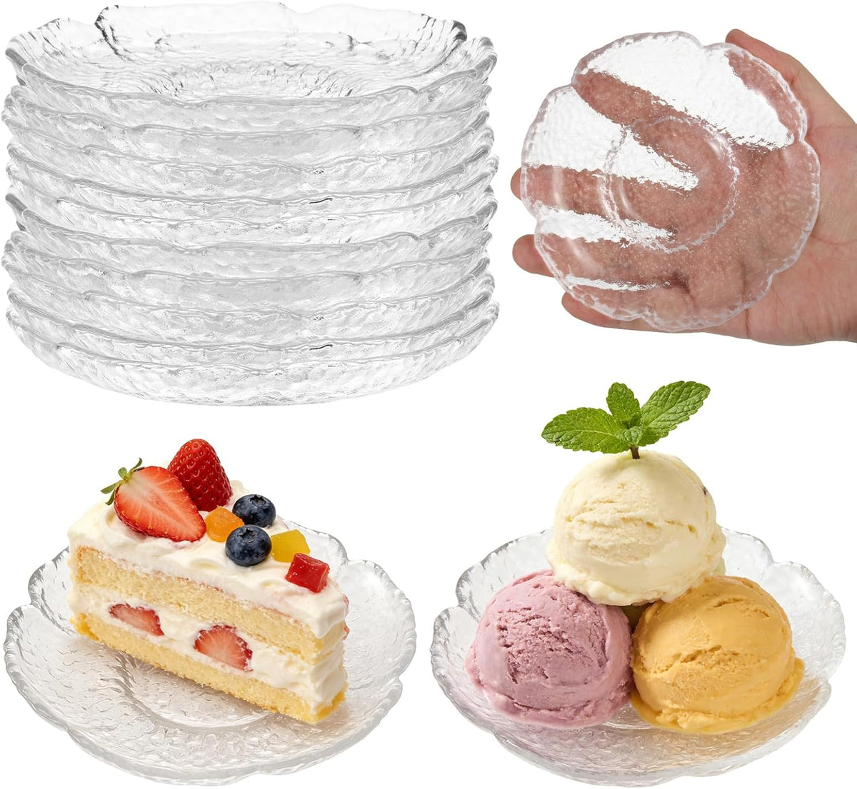 Paquete 10 Platos de Vidrio Transparente 12cm Platos Pequeños Postre Vidrio Vintage Platos Miniatura Cena para Servir Pasabocas Salsas Bocados Ensalada Fruta Postre Pastel Portavasos Elegantes Mesa Tazas Té