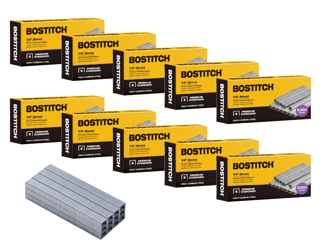 Bostitch Office 50,000 grapas estándar, 1/4 de pulgada de longitud, grapas de tira completa, 210/tira, 5,000 por caja, paquete de 10