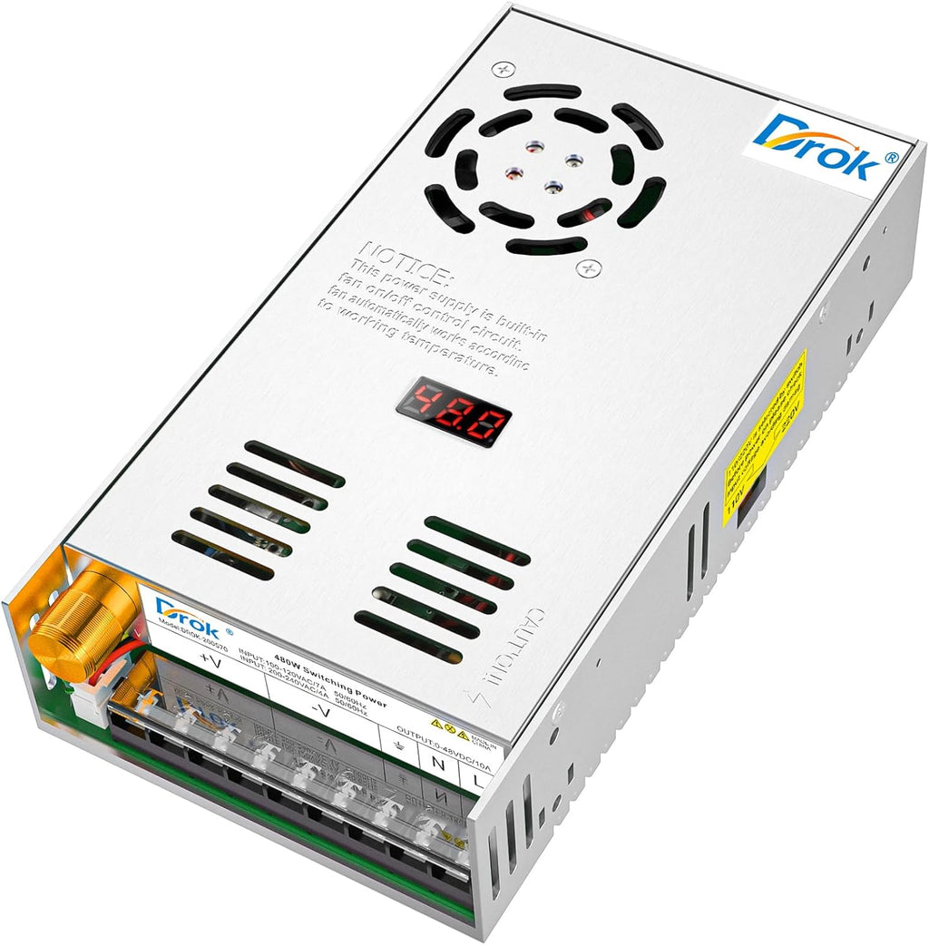 Fuente de alimentación DROK de 48 V, convertidor de CA a CC de 0-48 V 10 A 480 W, fuente de alimentación variable, adaptador de CA a CC, transformador de bajo voltaje para luces de paisaje, adaptador LED, CCTV de laboratorio