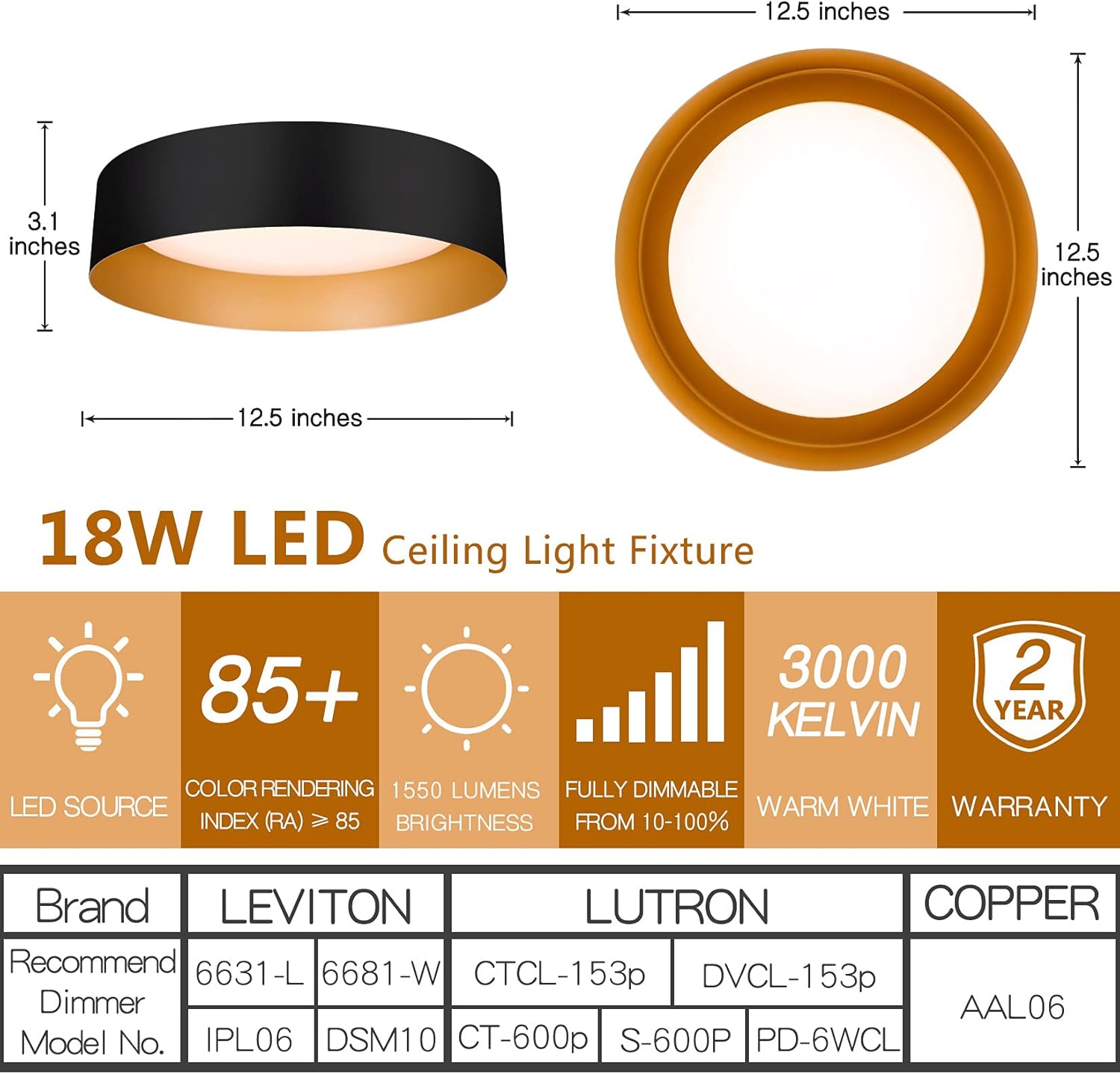 Bargeni – Lámpara LED de Techo Empotrada 12.5" | Negro Mate con Interior Dorado | 18W (Equiv. 100W) | Luz Cálida 3000K | Regulable | Para Dormitorio y Pasillo