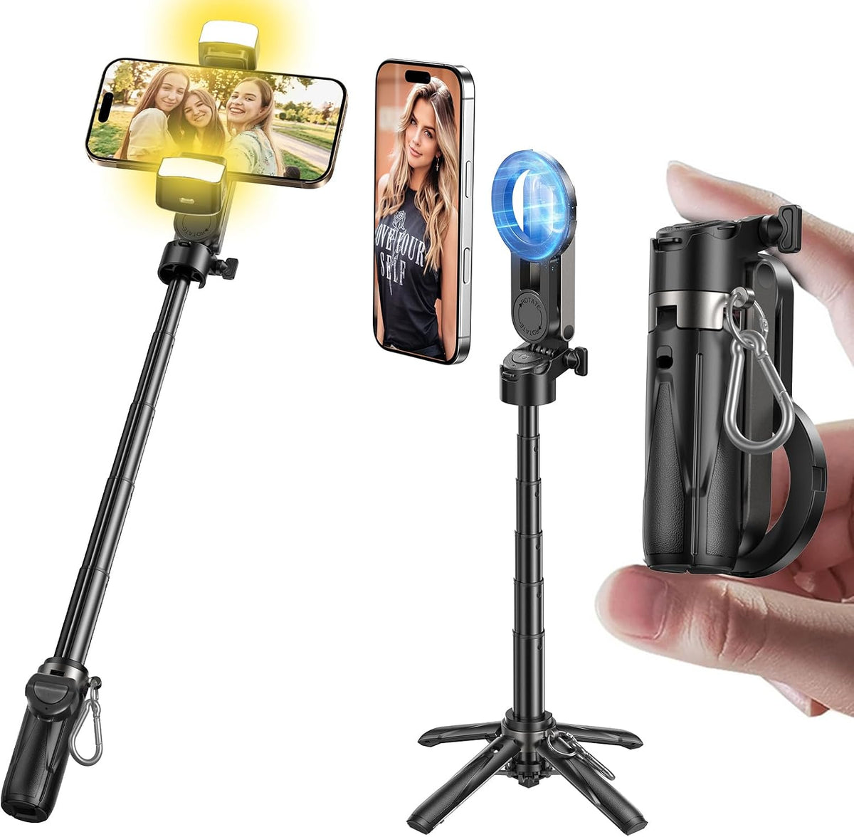 Trípode para teléfono MAGIC JOHN con 2 luces para selfies, palo selfie portátil de bolsillo para iPhone MagSafe, palo selfie con control remoto desmontable para fotografía, transmisión en vivo y grabación de video.