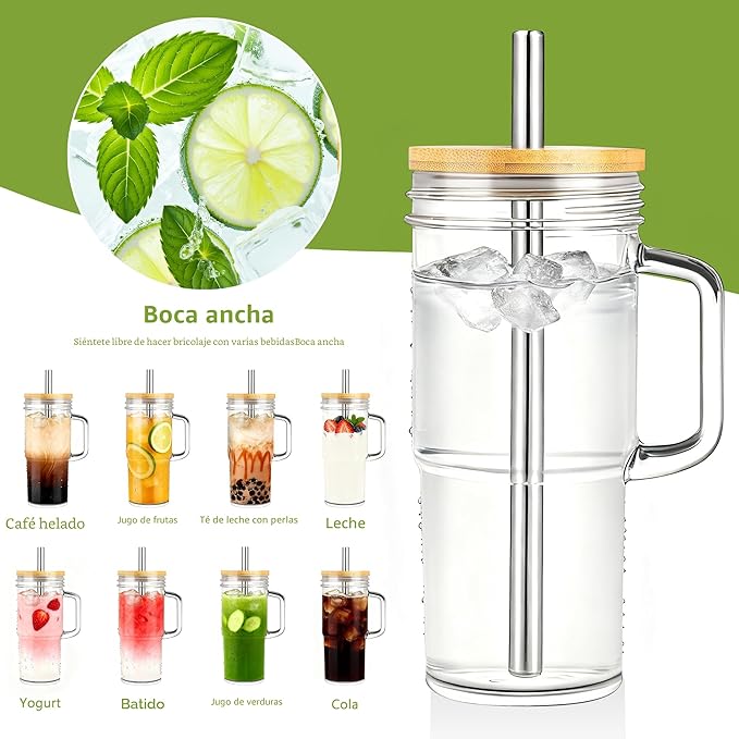 Birity Tazas de vidrio de 24oz con tapas y popotes, vaso de vidrio con asa, 2 juegos – Tazas de café helado reutilizables con tapa y popote para batidos, té, jugo, taza boba para bebidas frías