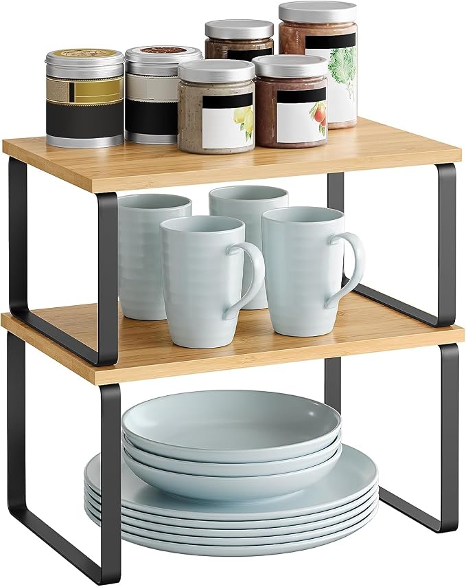 Estante organizador para gabinetes de Rellon Industries, juego de 2 estantes para encimera de cocina, almacenamiento para cocina, especiero, apilable, expandible, metal y madera de ingeniería, negro y natural (madera)