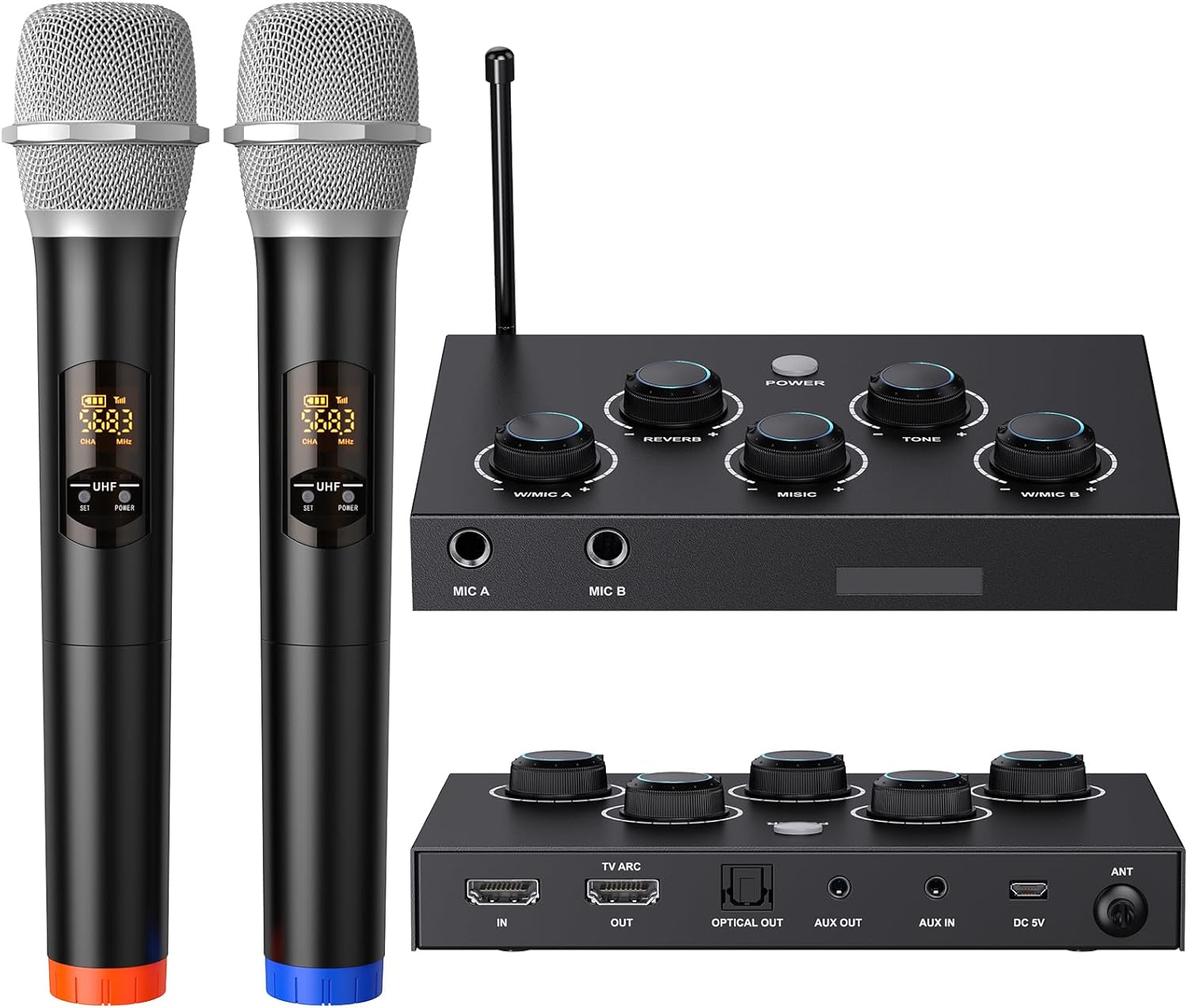 ¡DIGITNOW! Sistema mezclador de micrófono de karaoke portátil con micrófono inalámbrico UHF dual, entrada/salida HDMI-ARC/óptica/AUX y HDMI en receptor de canto para Smart TV, PC, KTV, cine en casa, amplificador y altavoz. 