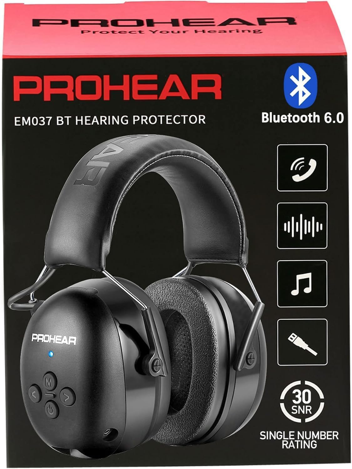 Auriculares de protección auditiva Bluetooth 6.0 PROHEAR 037 con batería recargable de 1500 mAh, reducción de ruido de seguridad de 30 dB, orejeras con 120 horas de reproducción para cortar el césped, talleres, quitar la nieve - Negro