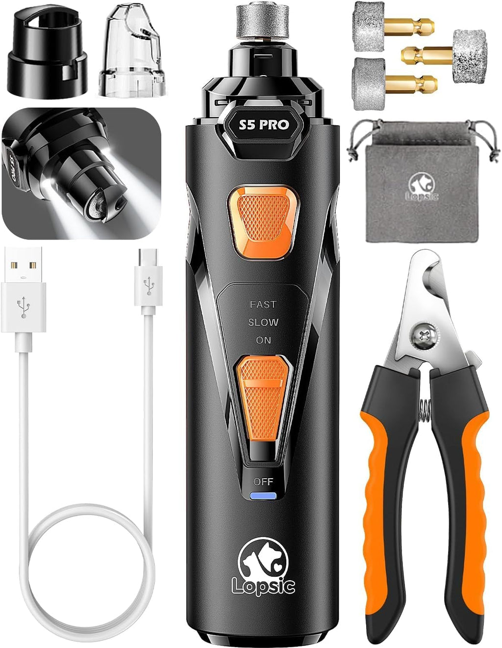 Lima de uñas ultrasilenciosa para perros con 4 luces LED, segura y sin estrés para perros y gatos sensibles de todas las razas y tamaños, 3 puntas de limado, 3 velocidades, recortador de uñas para mascotas, kit de aseo indoloro recargable
