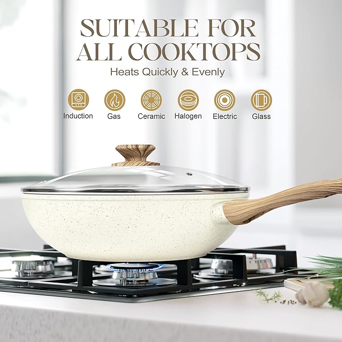 Wok Antiadherente MICHELANGELO 12 Pulgadas con Tapa — Set con Vaporera y Canasta Freidora