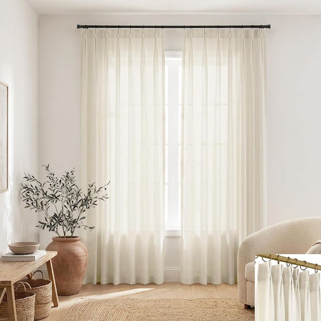 SHINELAND 100 Inch Custom Linen Sheer Curtains, Pinch Pleated Designer Curtain Drapes for Living Room Sunroom, Wide 40 x Long 100 Inch, 2 Panel Set