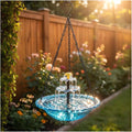 2026 Fuente de baño colgante solar en cascada para pájaros, fuente de agua con bomba y dispensador, decoración para exteriores, kit de baño para colibríes, regalo para jardín, patio, decoración de patio trasero (azul)