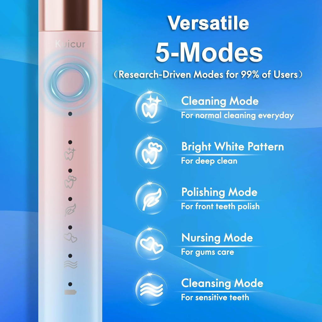 Kuicur Cepillo de dientes eléctrico suave portátil con estuche de viaje, duración de la batería más grande de 90 días, 10 cabezales de cepillo, 5 modos de limpieza profunda, diseñado ergonómicamente