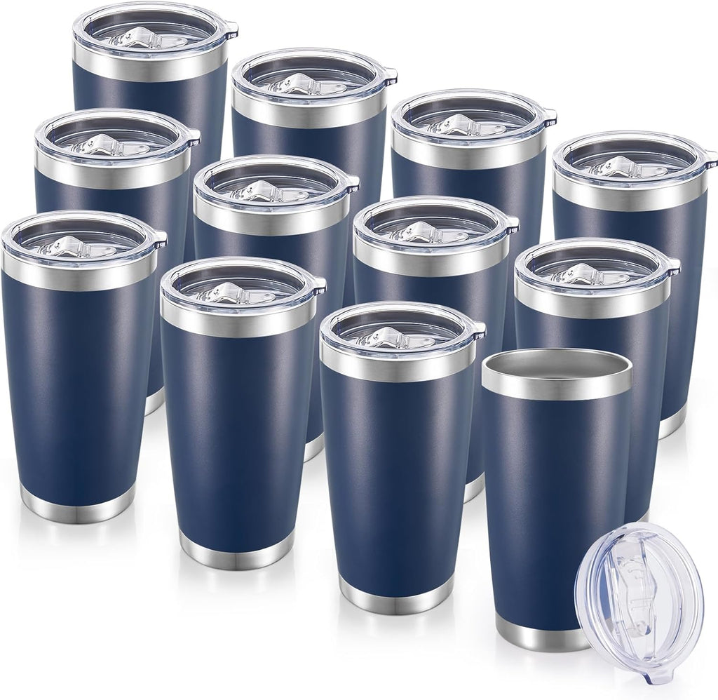 Vasos Térmicos Cool Yoleb 20oz (12 Pzs) | Acero Inoxidable con Tapa | Doble Pared al Vacío | Recubrimiento en Polvo | Para Bebidas Frías y Calientes | Azul Marino
