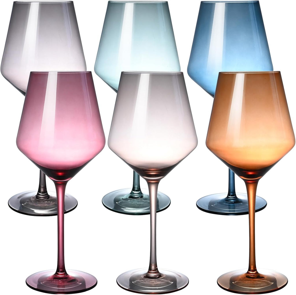 Juego de 6 copas de vino de colores, copa de vino tinto y blanco de cristal premium soplado a mano con tallo largo, ideal como regalo para esposa y madre, boda, aniversario, Navidad y cumpleaños (18 oz) 