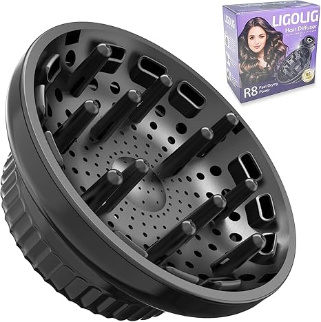 LIGOLIG Difusor de cabello, difusor universal para secador de pelo de 1.4 a 2.4 pulgadas, difusor de pelo para cabello rizado y cabello ondulado natural (negro)