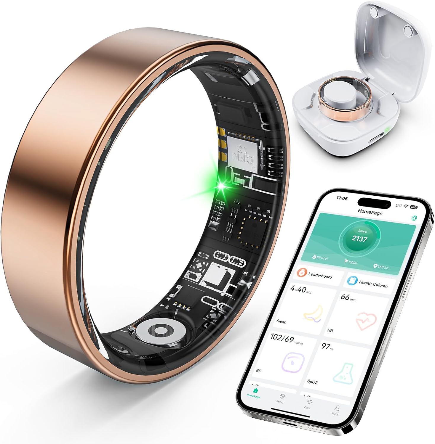 SARUNN ER Smart Ring with Sleep Monitoring, Step Counting, Heart Rate, Blood Oxygen for iPhone and Android, No Subscription Fee, IP68 Waterproof Health Tracker (Rose Gold, 7)
