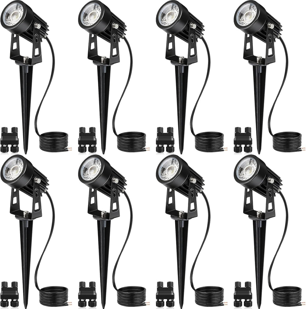 VIENE 8 DE FOCOS  UNIDADES SUNVIE 3W Iluminación LED de bajo voltaje para exteriores con conectores, resistente al agua, luz blanca cálida de 3000K, ideal para patio, jardín, casa, árbol o pared (paquete de 8).